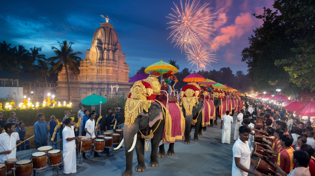 एट्टुमनूर पूरम (Ettumanoor Pooram) – केरल का भव्य मंदिर उत्सव! ✨ भव्य सजे हुए हाथी, रंग-बिरंगे छत्रों का प्रदर्शन और पारंपरिक चेंडा मेलम की धुन के साथ एट्टुमनूर महादेव मंदिर का दिव्य दृश्य। 🔥🌟 #EttumanoorPooram #केरल_का_प्रसिद्ध_त्योहार #TempleFestival