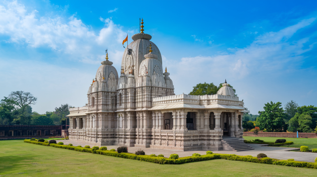 Lakshmi Narayan Temple, also known as Birla Mandir, a beautiful Hindu temple dedicated to Lord Vishnu and Goddess Lakshmi, situated on Arera Hills in Bhopal, India